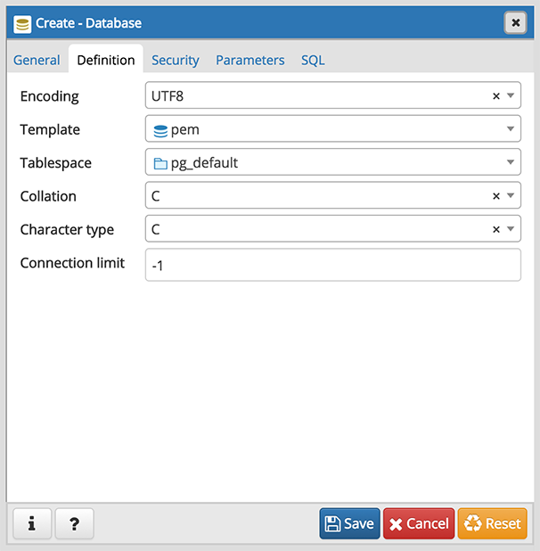 Database dialog definition tab