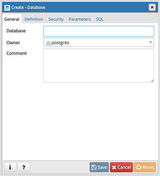 Database dialog general tab