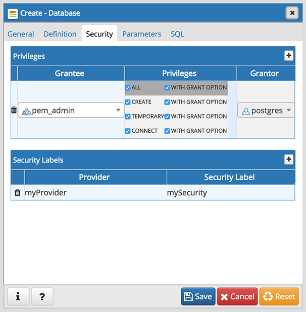 Database dialog security tab