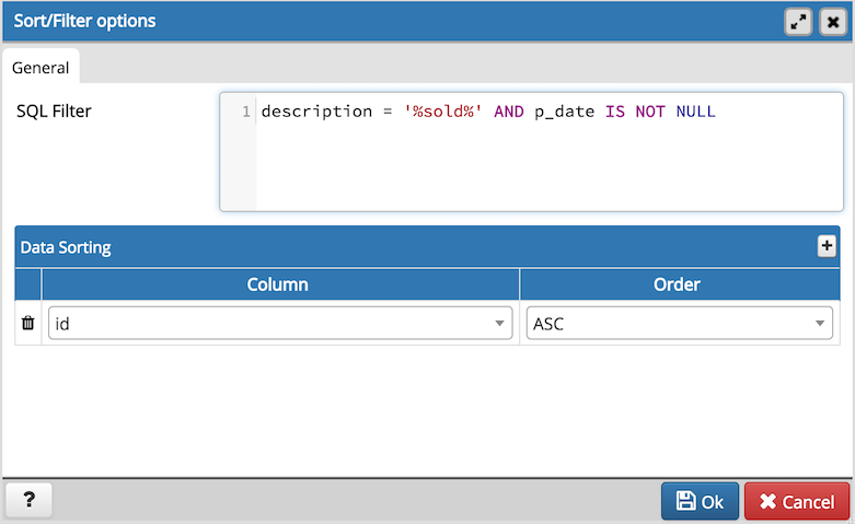 Edit grid filter dialog window