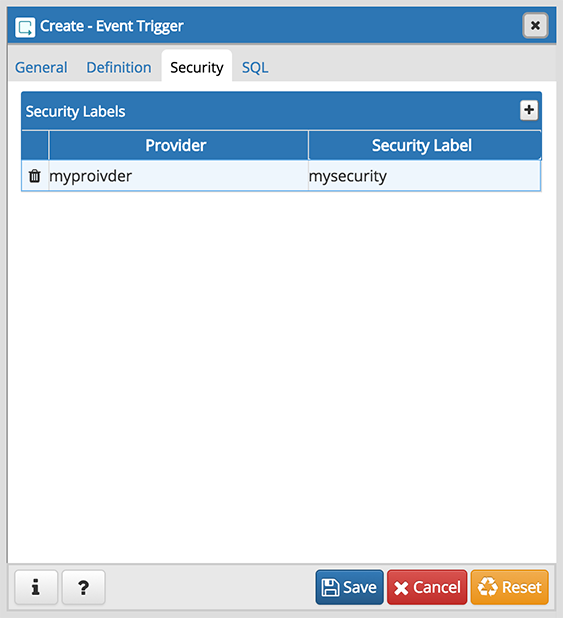 Event trigger dialog security tab
