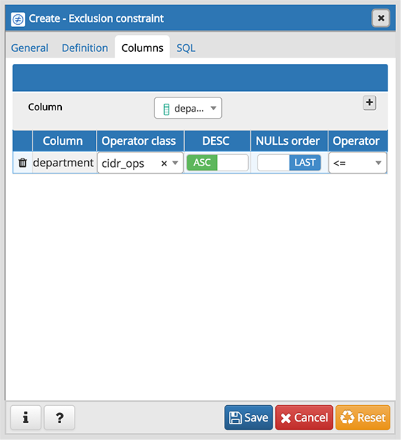 Exclusion constraint dialog columns tab