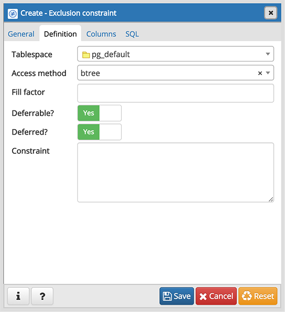 Table dialog exclusion constraint definition