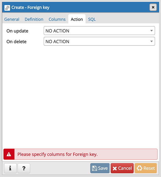Foreign key dialog action tab