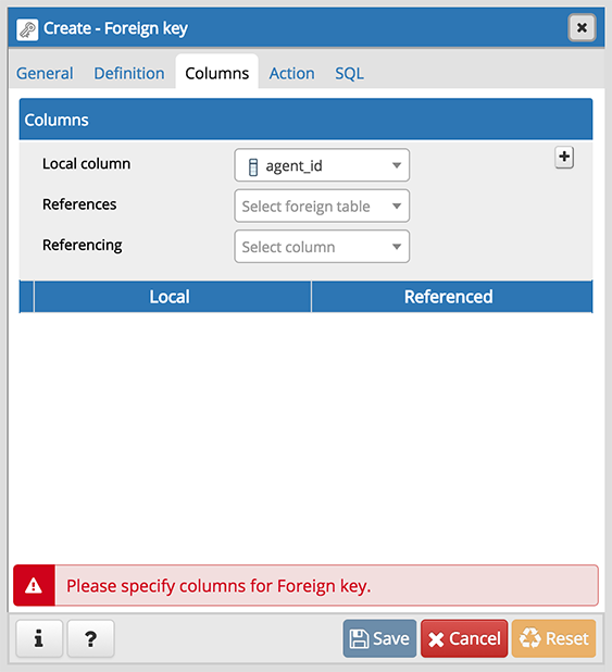 Foreign key dialog columns tab