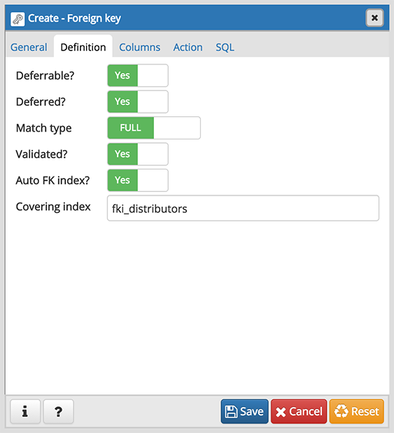 Foreign key dialog definition tab