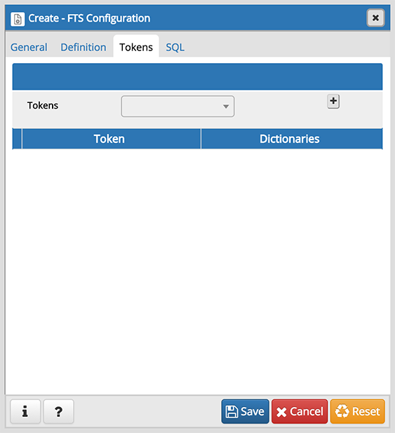 FTS configuration dialog tokens tab