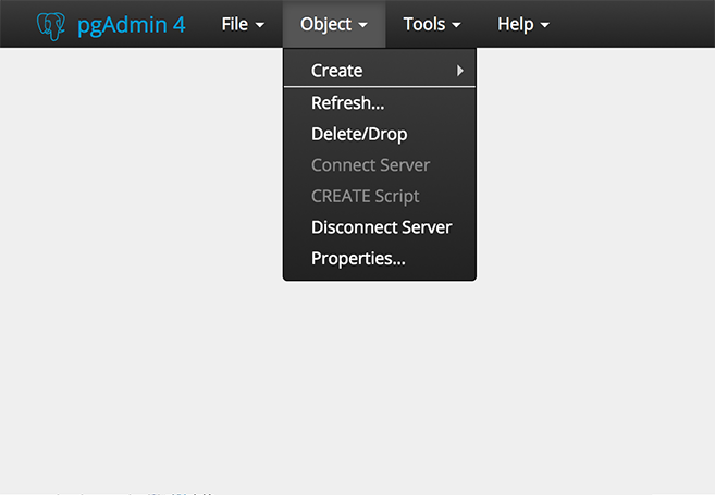 pgAdmin object menu bar