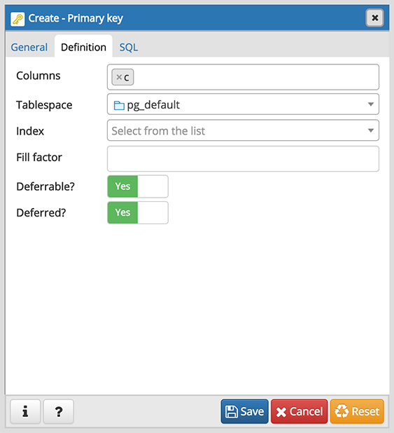 Primary key dialog definition tab