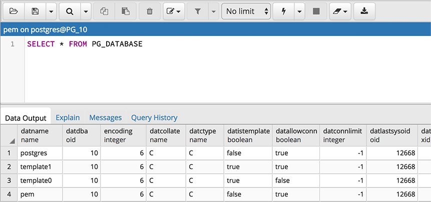 Query tool output panel