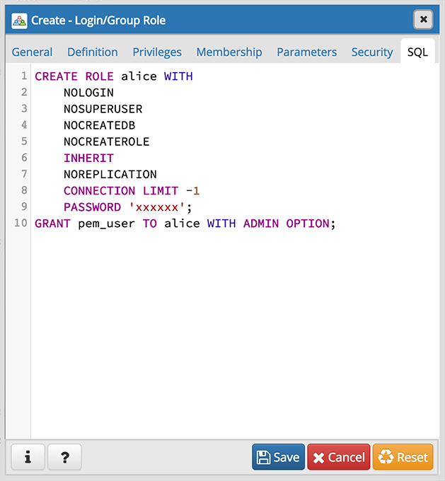 Role dialog sql tab