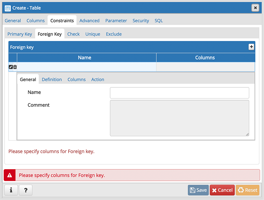 Table dialog foreign key constrain