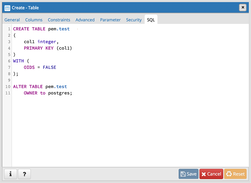 Table dialog sql tab