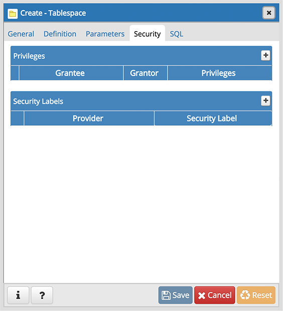 Tablespace dialog security tab
