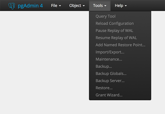 pgAdmin tools menu bar