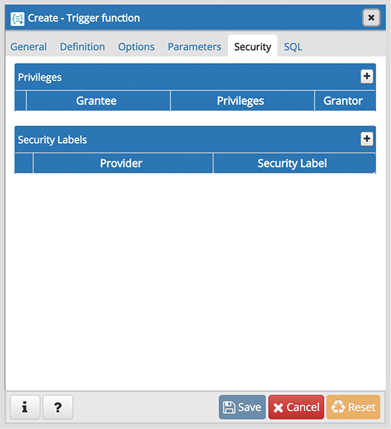 Trigger function dialog security tab