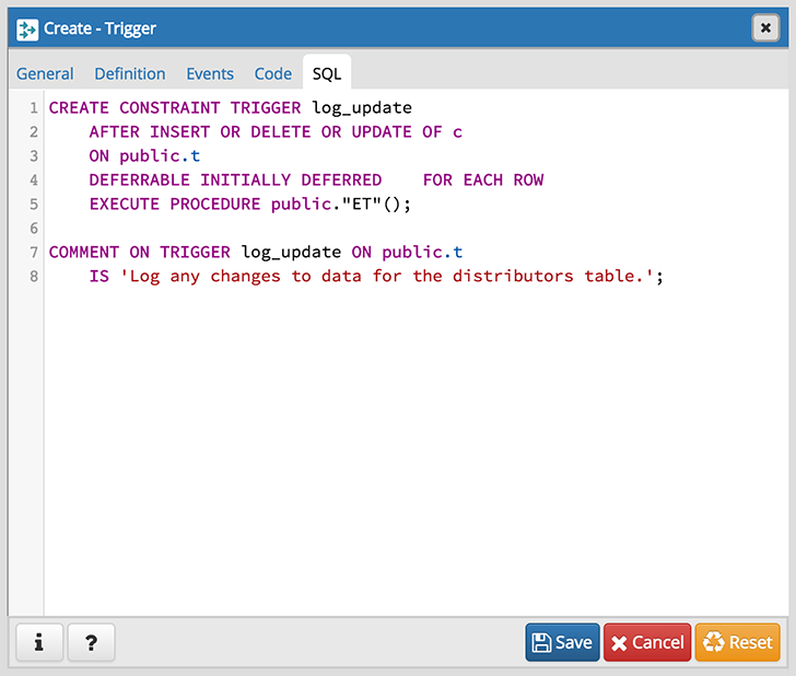 Trigger dialog sql tab