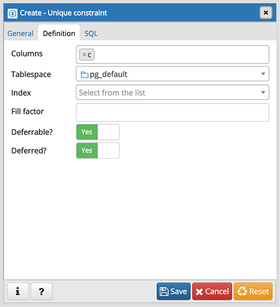 Table dialog unique constraint definition