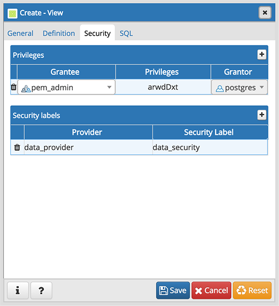 View dialog security tab