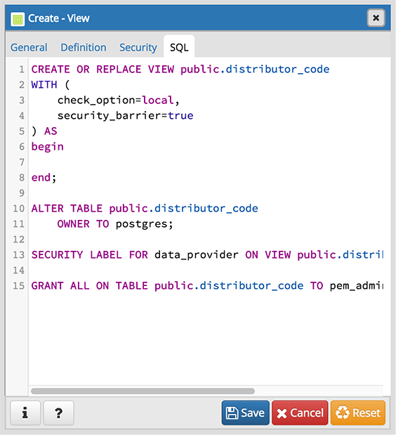 View dialog sql tab