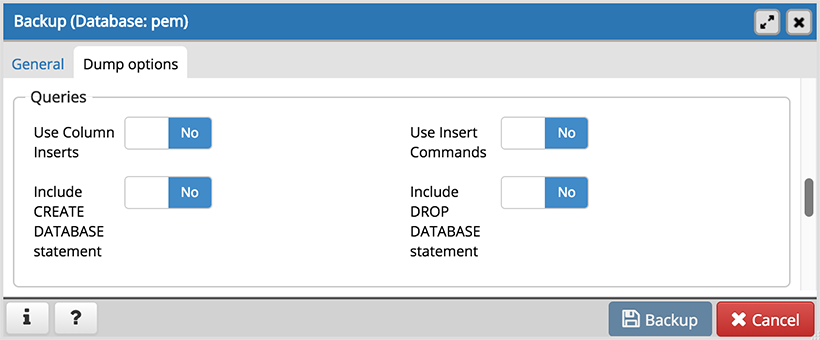 Queries option on backup dialog