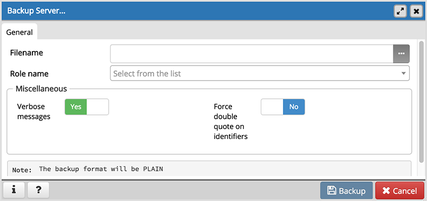 Backup server dialog