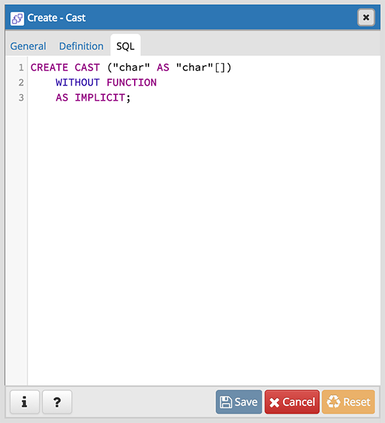 Cast dialog sql tab