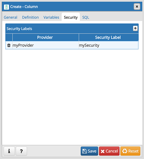 Column dialog security tab
