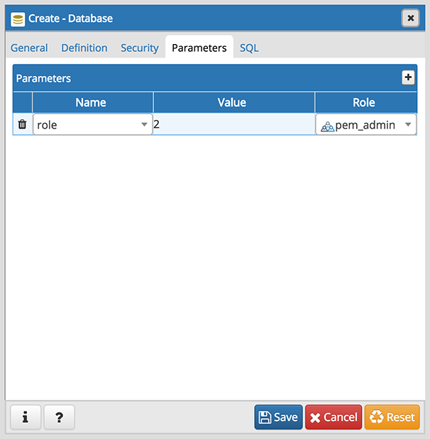 Database dialog parameters tab