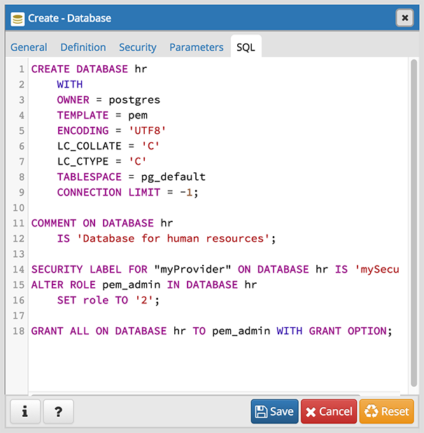 Database dialog sql tab