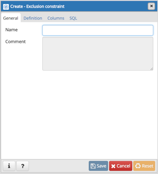 Exclusion constraint dialog general tab