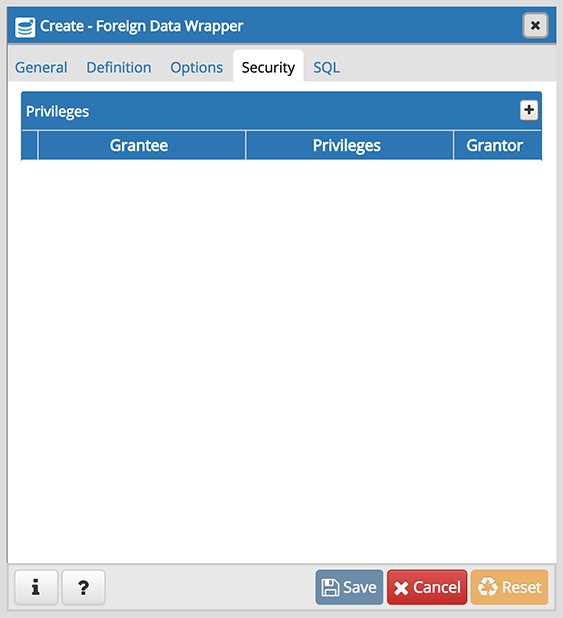 Foreign data wrapper dialog security tab