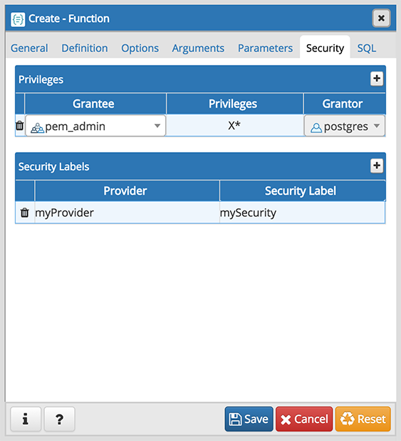 Function dialog security tab