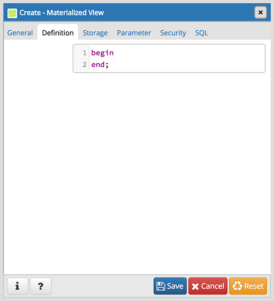 Materialized view dialog definition tab