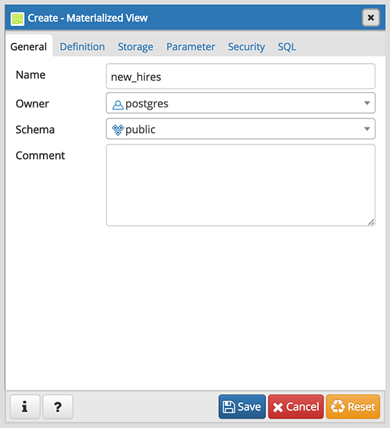Materialized view dialog general tab