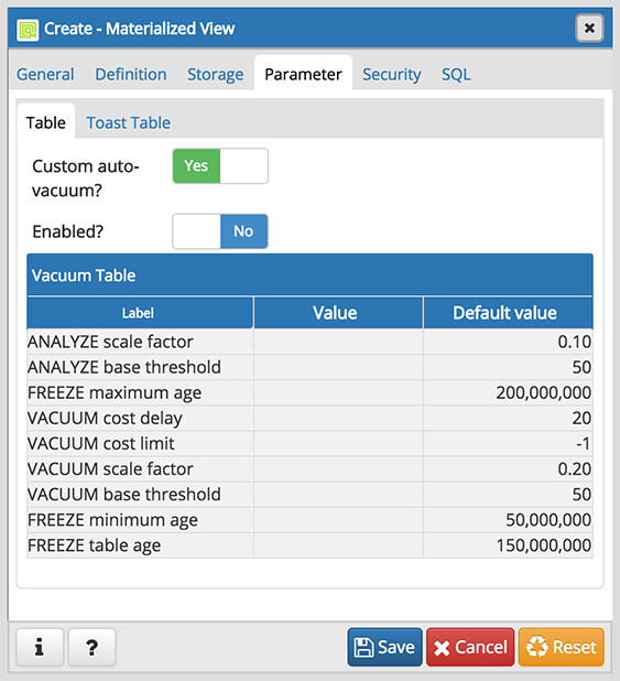 Materialized view dialog parameter tab