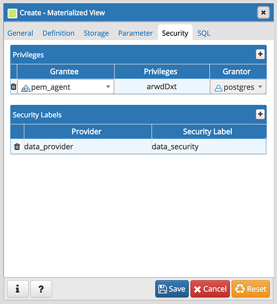 Materialized view dialog security tab