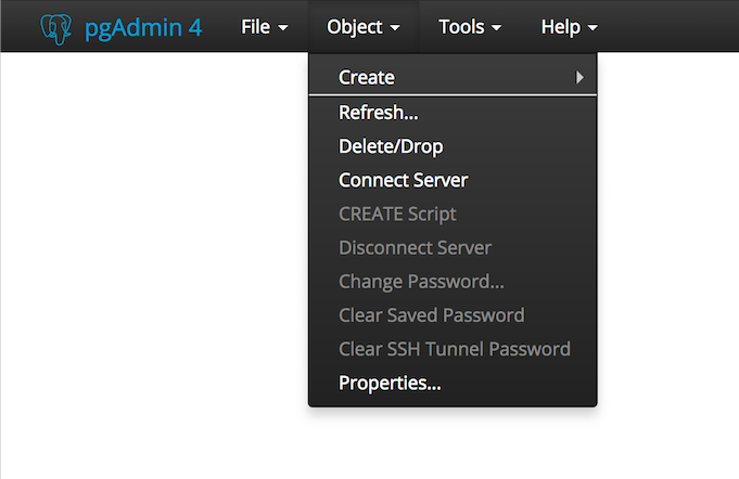 pgAdmin object menu bar