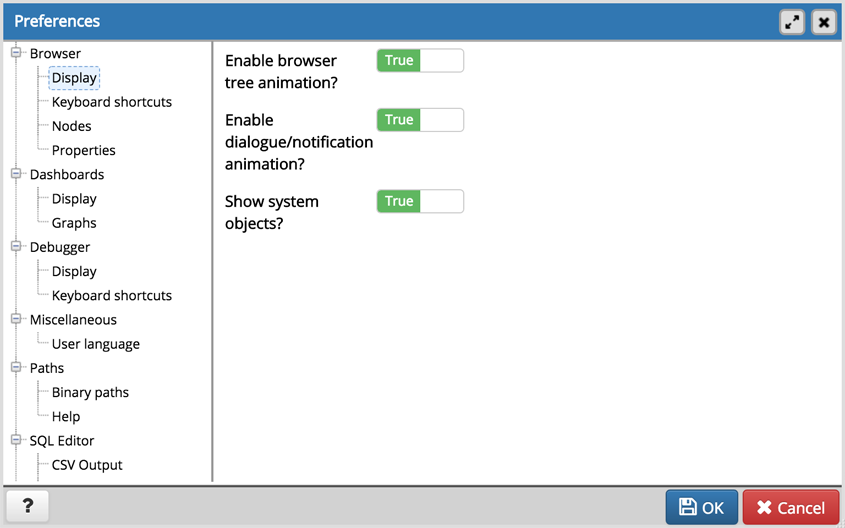 Preferences dialog browser display options