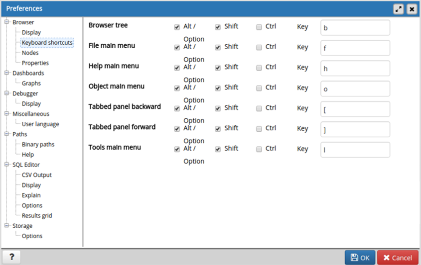 Preferences dialog browser keyboard shortcuts section