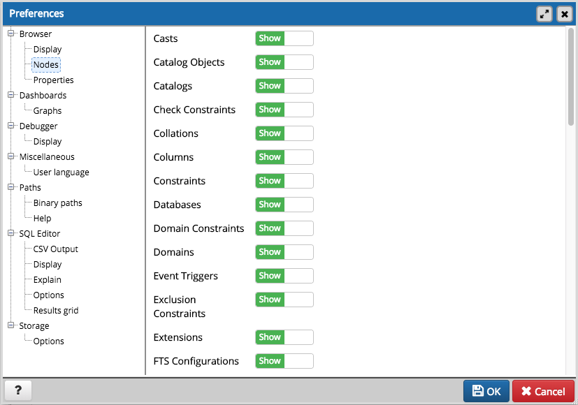 Preferences dialog browser nodes section