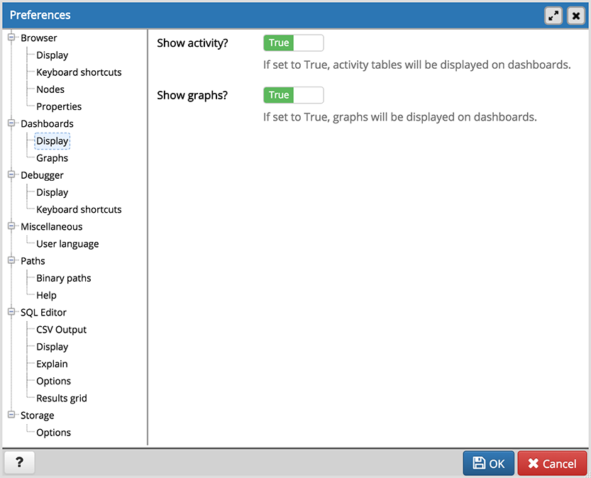 Preferences dialog dashboard display options