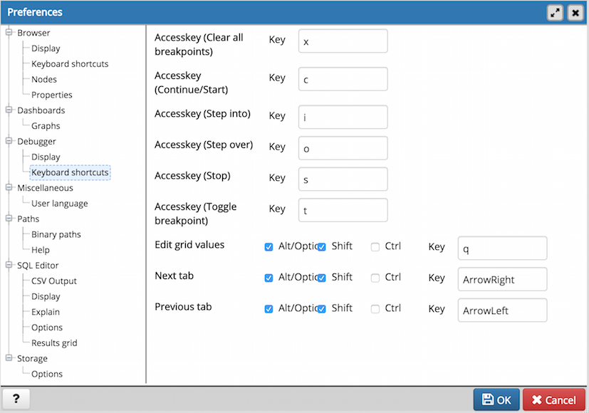 Preferences dialog debugger keyboard shortcuts section