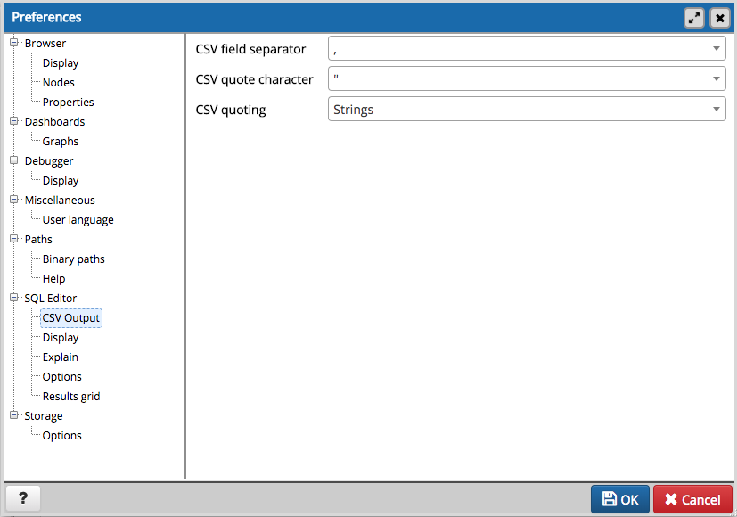 Preferences dialog sqleditor csv output option