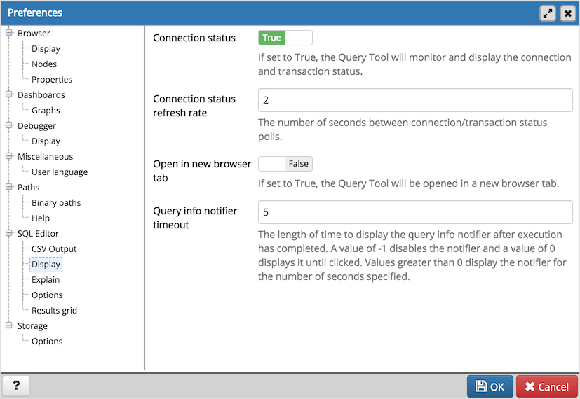 Preferences dialog sqleditor display options