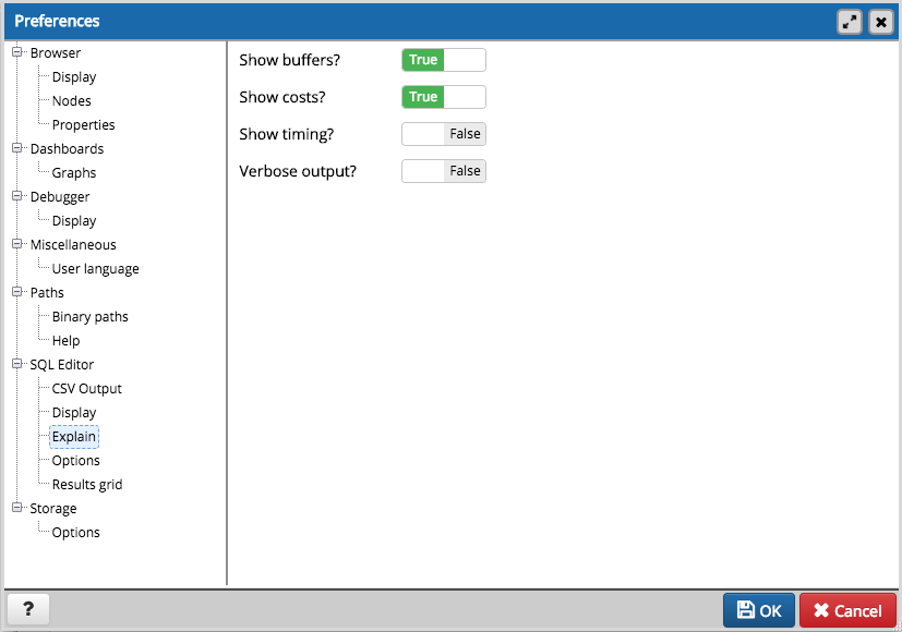 Preferences dialog sqleditor explain options