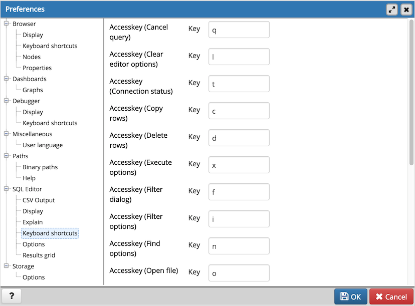 Preferences dialog sql keyboard shortcuts section