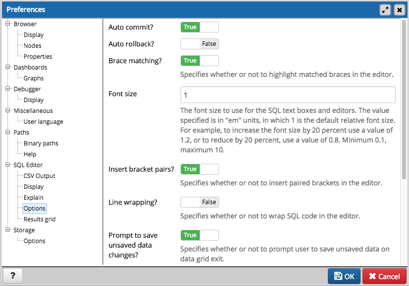 Preferences dialog sqleditor options section