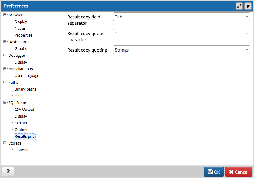 Preferences dialog sql results grid section