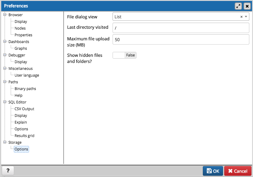 Preferences dialog storage section